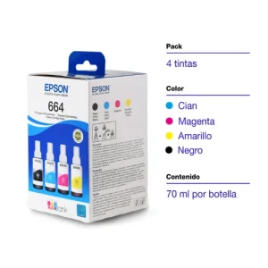 PAQUETE PACK DE BOTELLAS EPSON T664 NEGRA/CYAN/MAGENTA/YELLOW L210