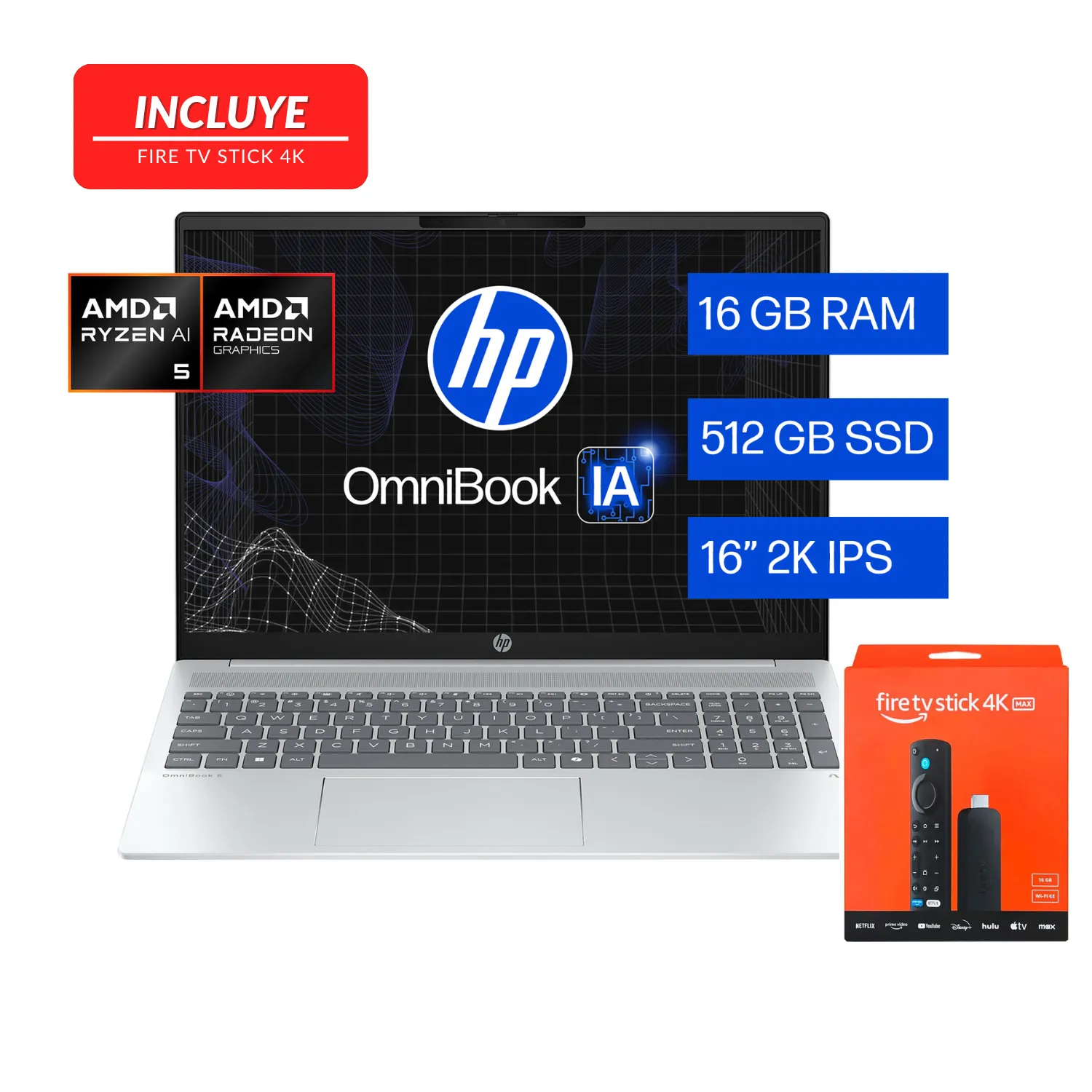 LAPTOP HP OMNIBOOK 5 NG AI PC AMD R5-AI 340 2.0GHZ-16GB-512GB SSD- SILVER-16"2K -GAME PASS-W11