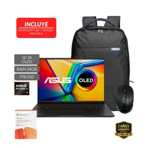LAPTOP ASUS VIVOBOOK S16 OLED R7-AI 350 2.0GHZ-24GB-1TB SSD-BLACK-16"3K-W11+MOCHILA+MOU+OFFICE365